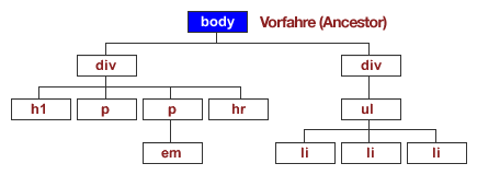 Diagramm, das die mit dem Vorfahre (Ancestor) <body> verbundenen Abkömmlinge (Descendant) zeigt.” title=”Diagramm, das die mit dem Vorfahre (Ancestor) <body> verbundenen Abkömmlinge (Descendant) zeigt.” width=”435″ height=”160″ />
	</p>
<h2>Abkömmling <span lang=